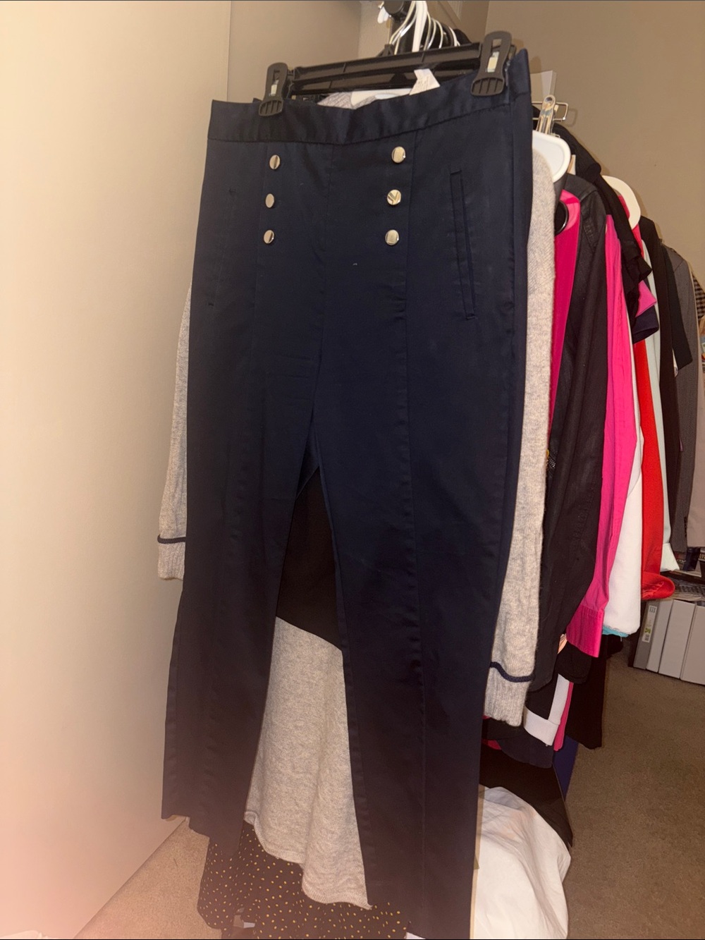 Zara Navy High-Rise Straight Leg Pants with Silver Buttons